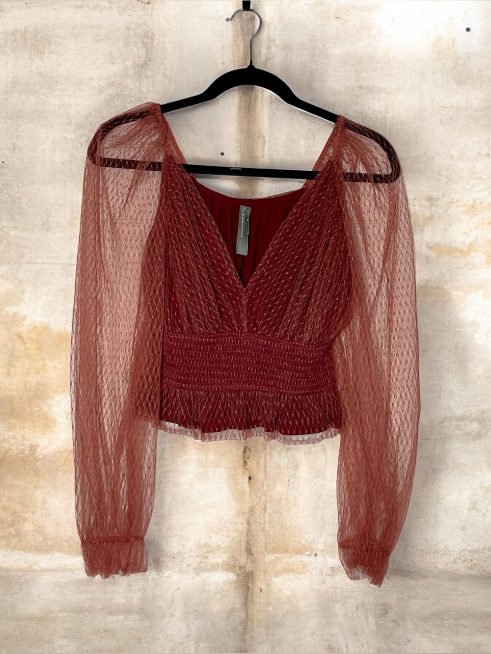 Anthropologie Wine Lace Smocked Top XS - Picture 2 of 10